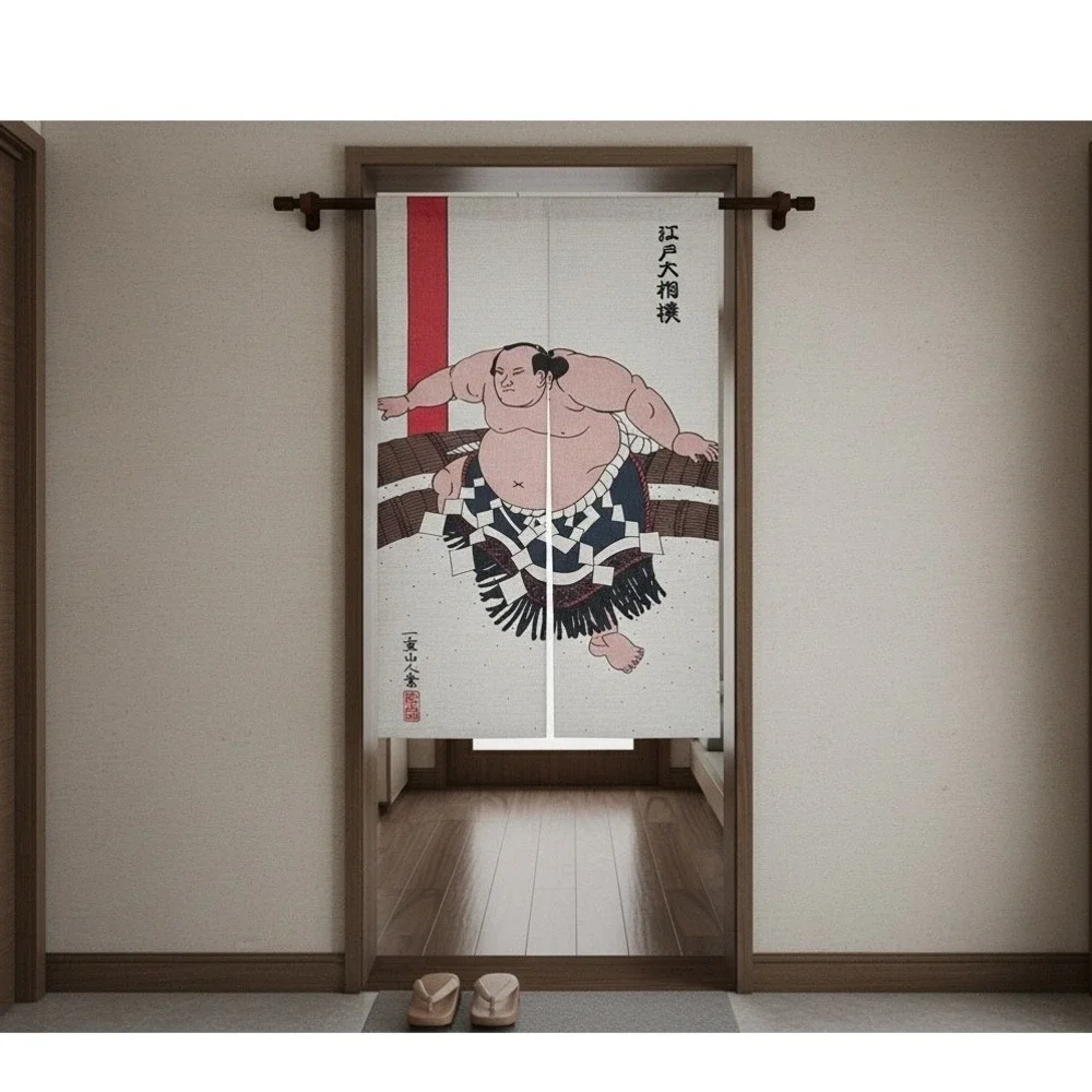 Japanese Noren Curtain Sumo Wrestler‎ Ukiyo-e Art Doorway Tapestry Linen Blend